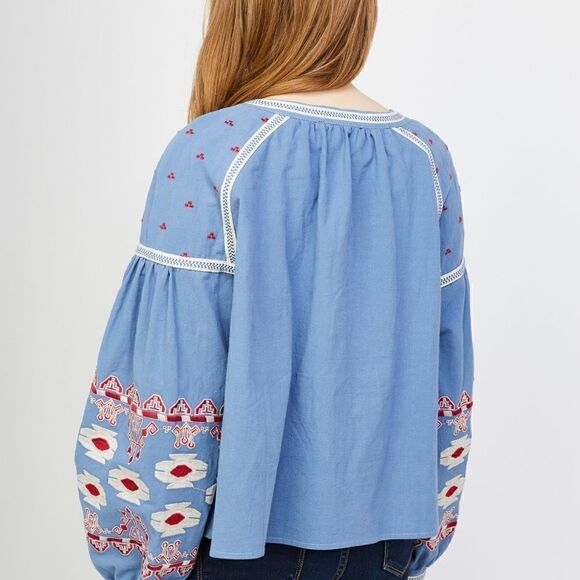 EUC‎ Anthropologie RD + Koko Jacket in Slate Blue w/ Red White Embroidery LARGE - Picture 3 of 4